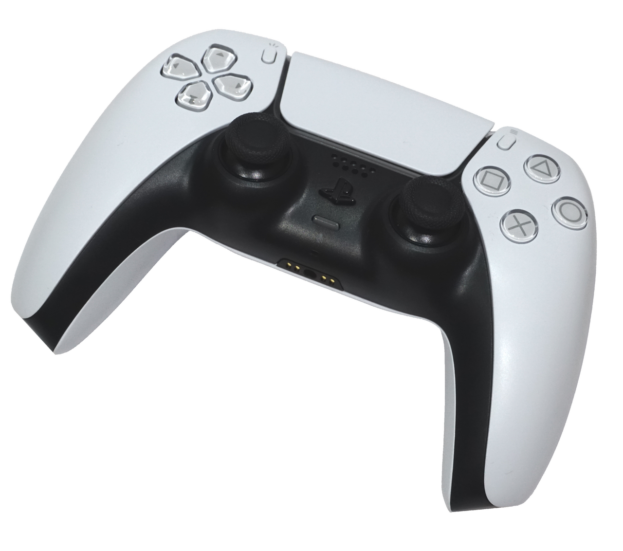 A white PlayStation DualSense controller photographed in 2021