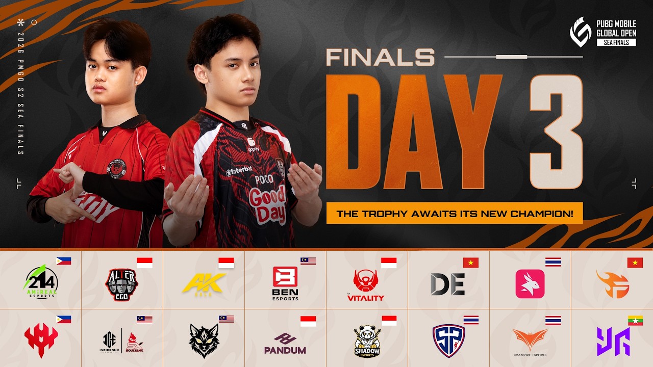 PMGO Season 2 SEA Finals Day 3 poster with two players, tournament branding and the 16 participating team logos.