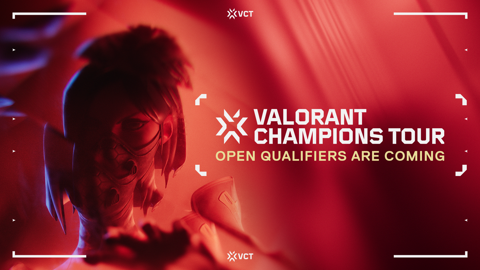 Red VALORANT Champions Tour poster with a character silhouette and the words Open Qualifiers Are Coming.